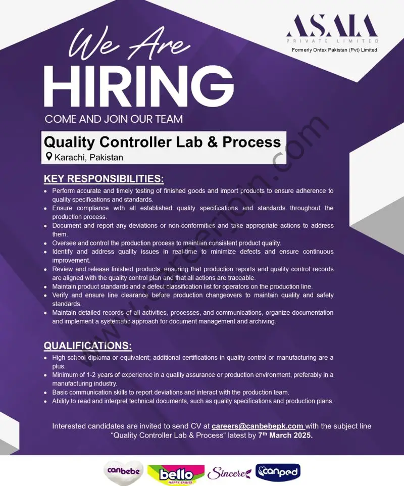 ASALA Pvt Ltd Jobs Quality Controller Lab & Process