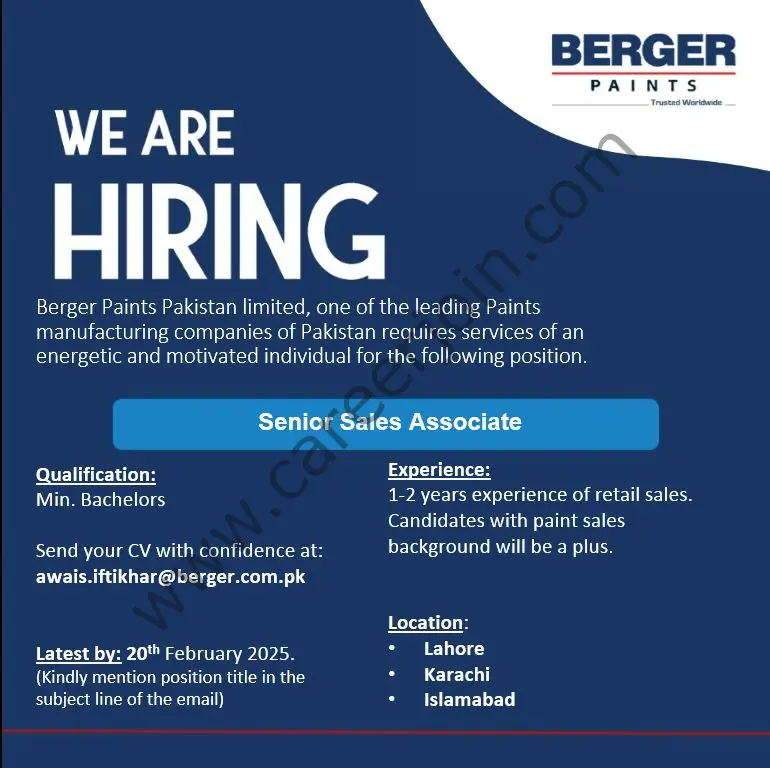 Berger Paints Pakistan Jobs Senior Sales Associate