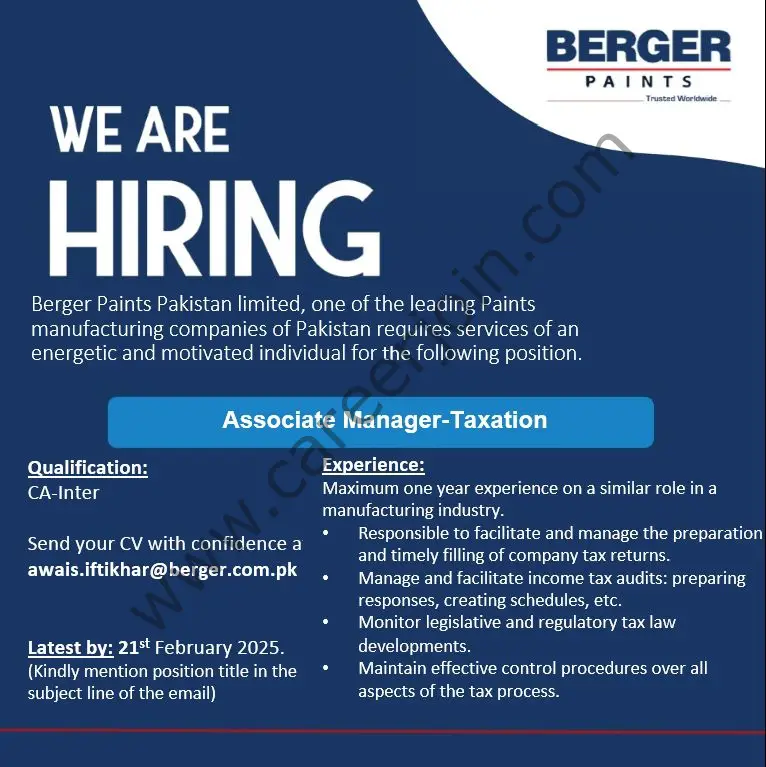 Berger Paints Pakistan Jobs Associate Manager Taxation