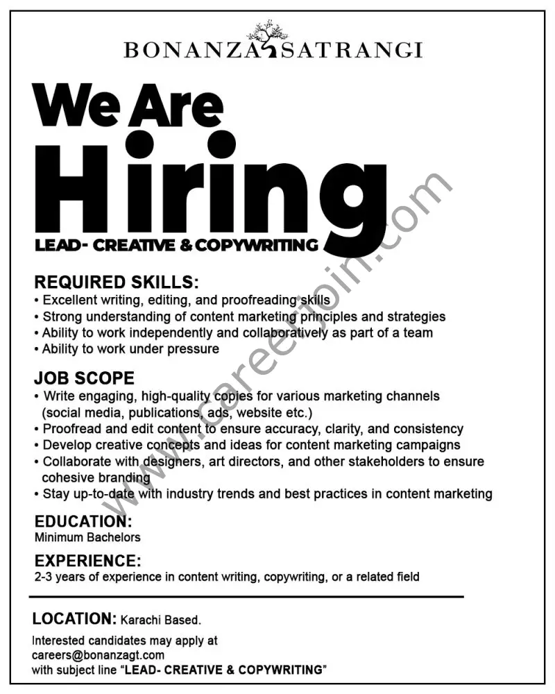 Bonanza Satrangi Jobs Lead Creative & Copywriting