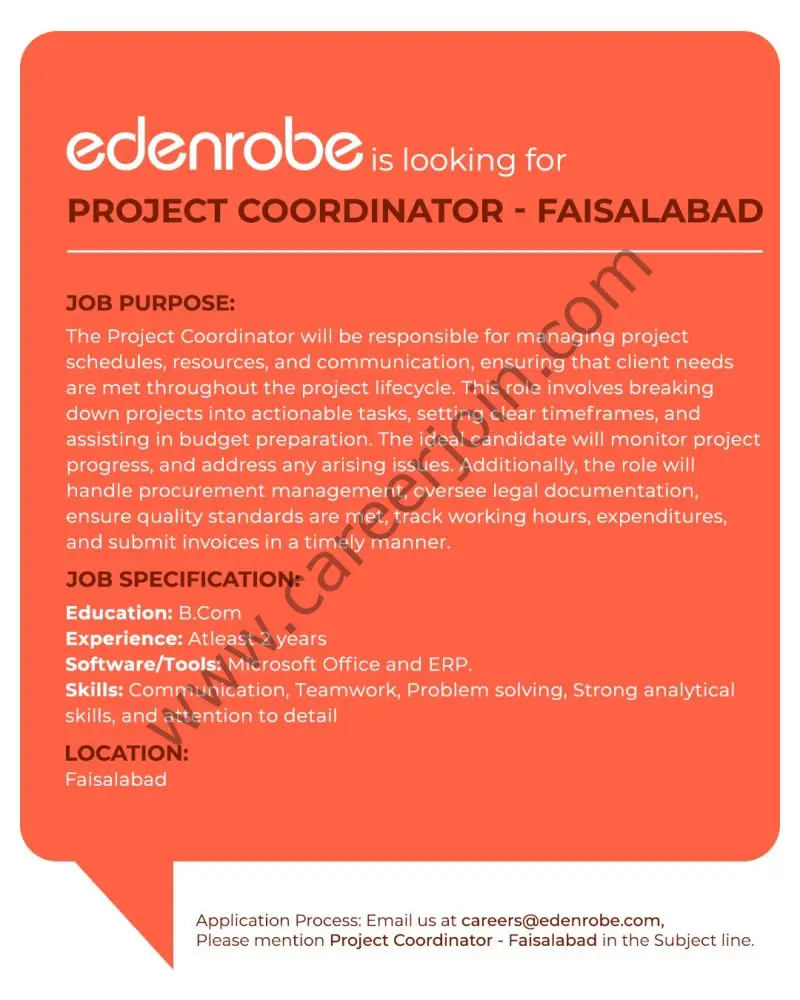 Edenrobe Jobs Project Coordinator