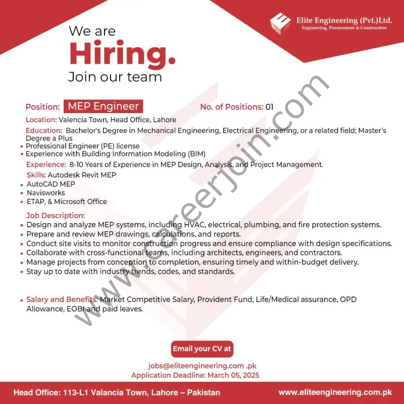 Elite Engineering Pvt Ltd Jobs MEP Engineer