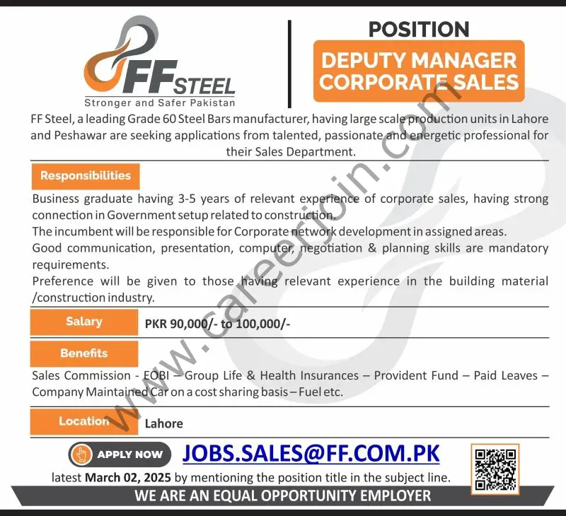 FF Steel Jobs Deputy Manager Corporate Sales