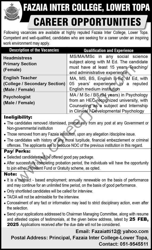 Fazaia Inter College Lower Topa Jobs February 2025