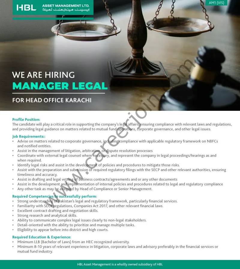 HBL Asset Management Limited Jobs Manager Legal