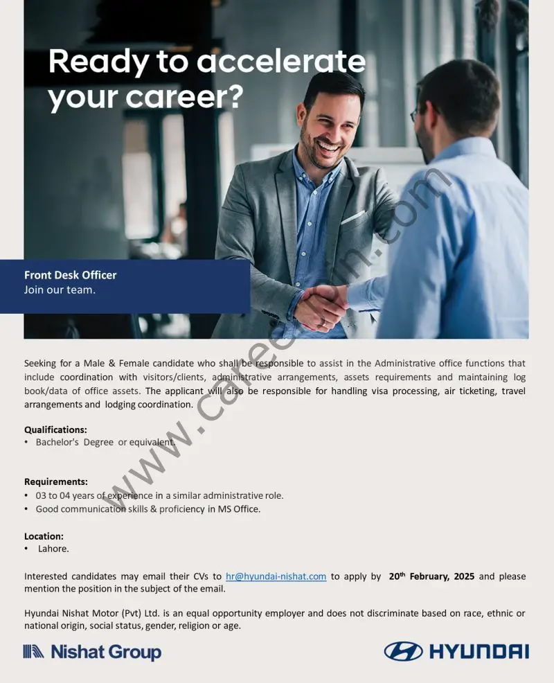 Hyundai Nishat Motor Pvt Ltd Jobs Front Desk Officer