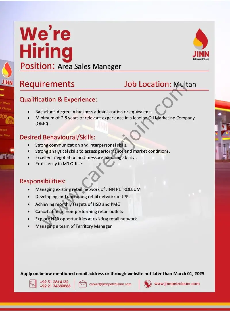 JINN Petroleum Pvt Ltd Jobs Area Sales Manager