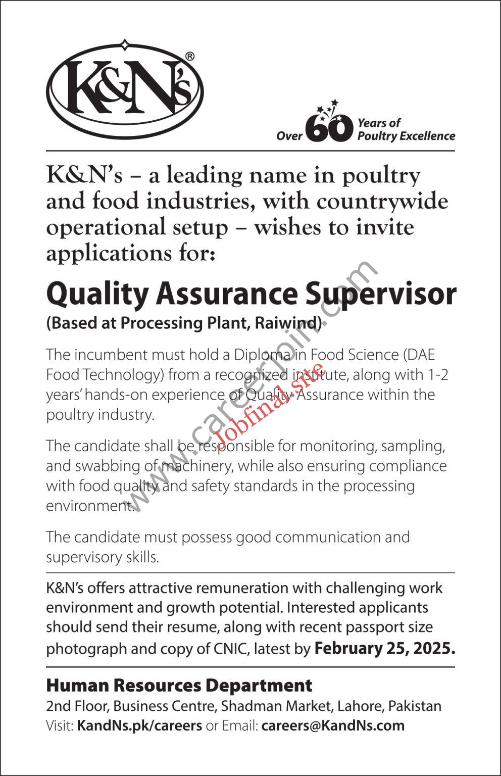 K&N’s Pakistan Jobs Quality Assurance Supervisor