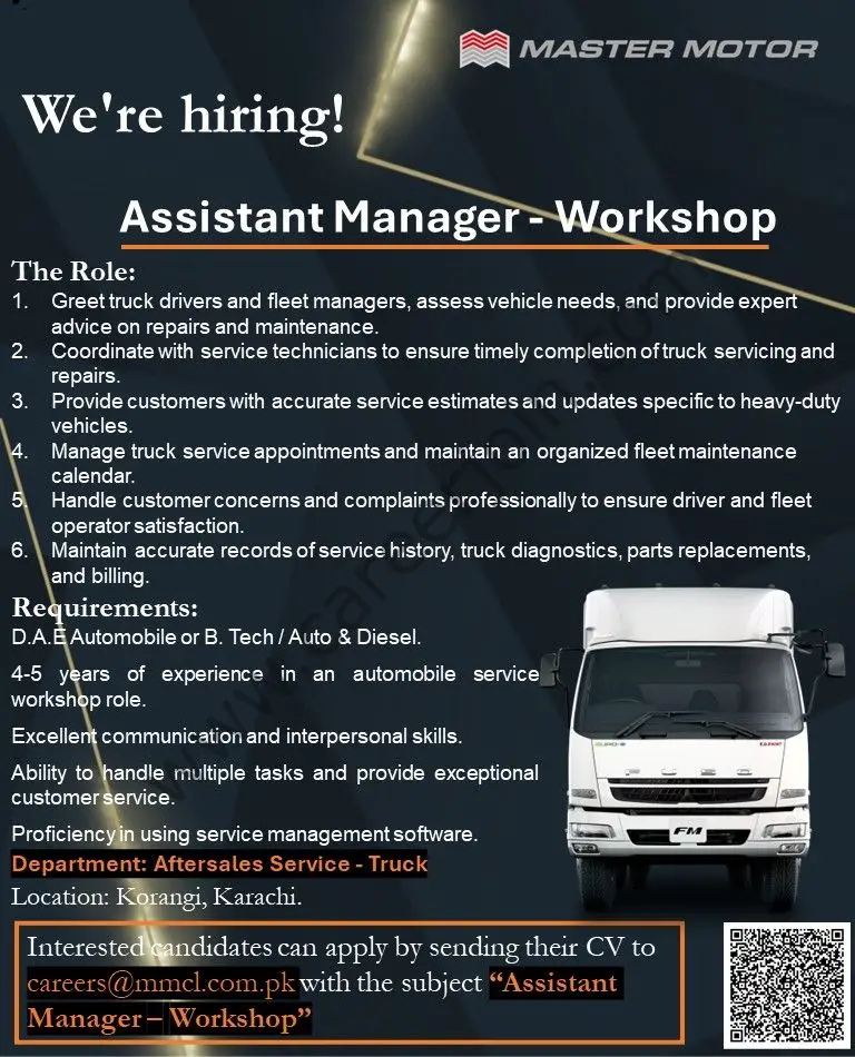 Master Motors Jobs Assistant Manager Workshop