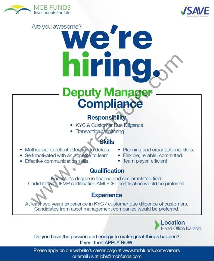 MCB Funds Jobs Deputy Manager Compliance