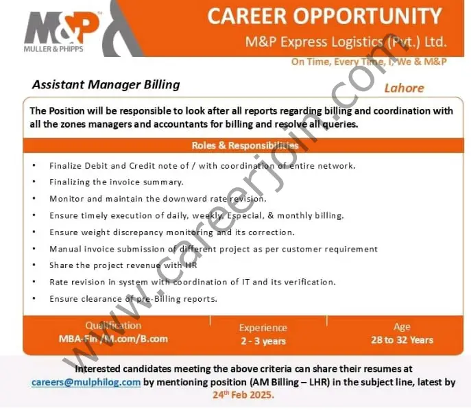 M&P Express Logistics Pvt Ltd Jobs Assistant Manager Billing