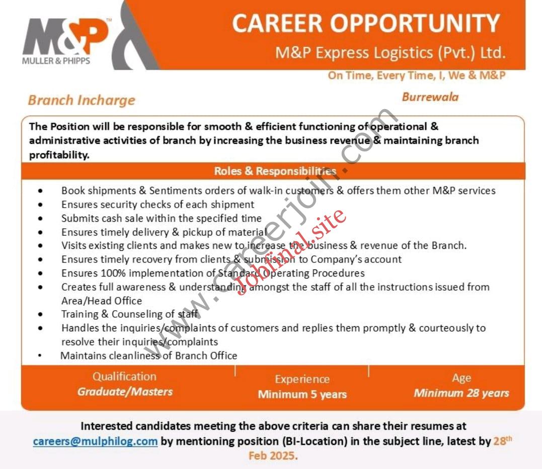 M&P Express Logistics Pvt Ltd Jobs Branch Manager