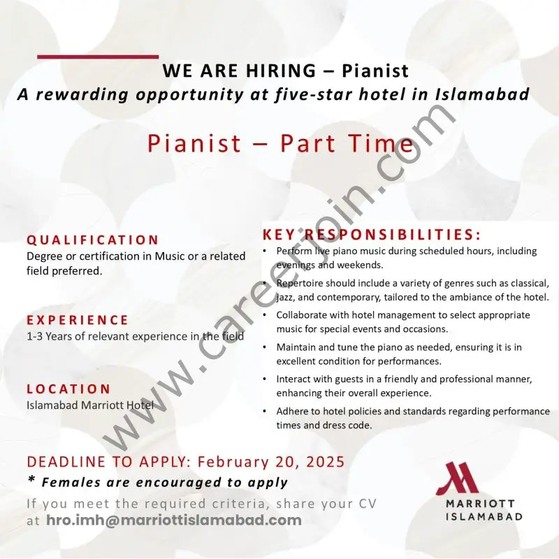 Islamabad Marriott Hotel Jobs Pianist