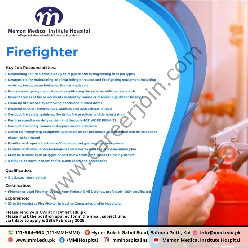 Memon Medical Institute Hospital Jobs Firefighter