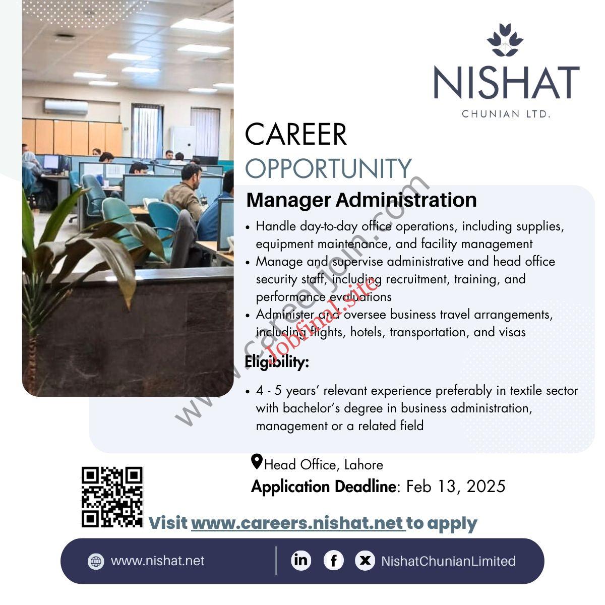 Nishat Chunian Limited Jobs Manager Administration