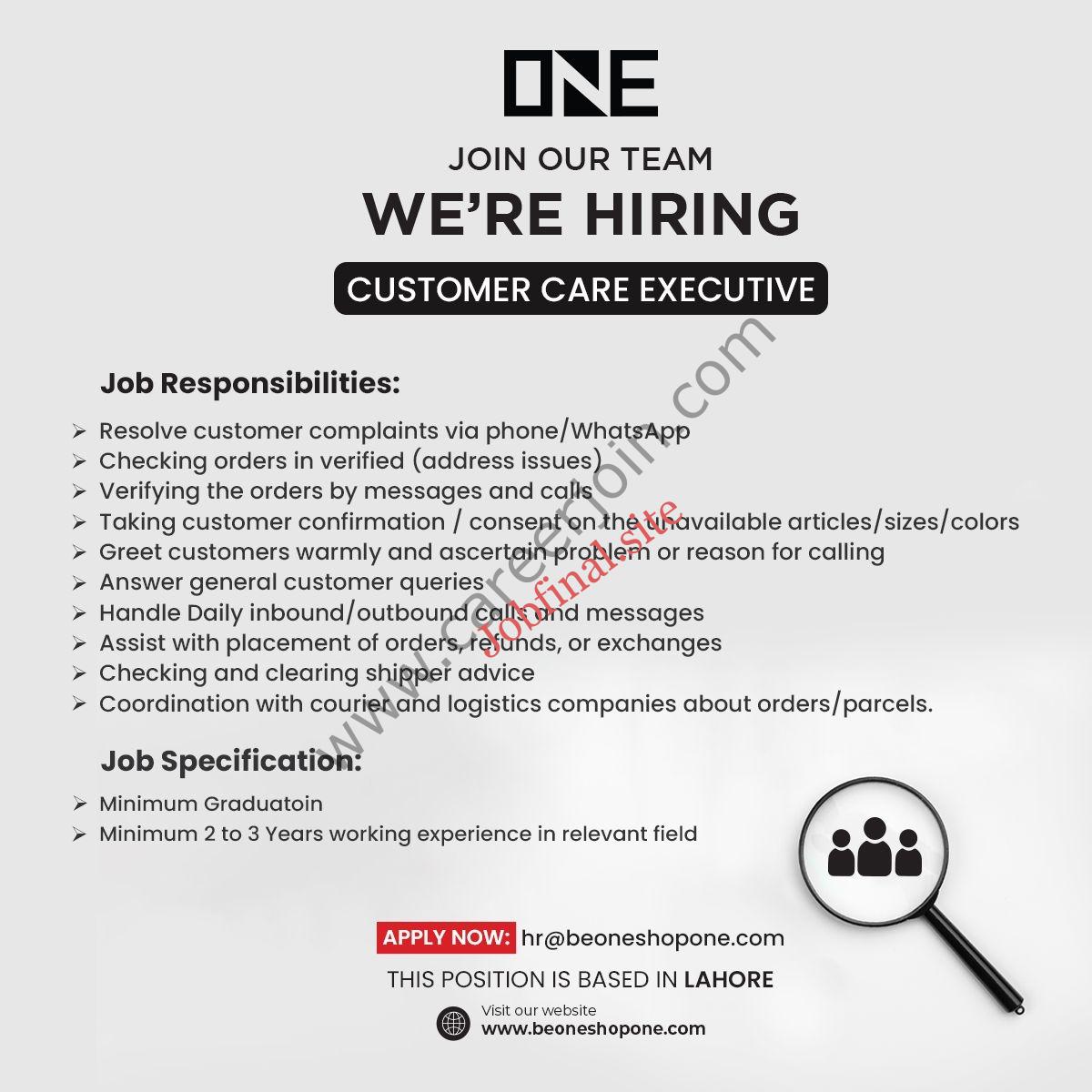 One Life Apparel Pvt Ltd Jobs Customer Care Executive