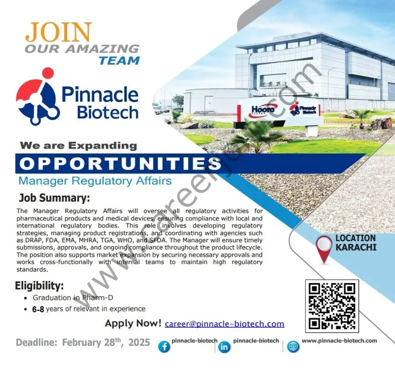 Pinnacle Biotech Pvt Ltd Jobs Manager Regulatory Affairs