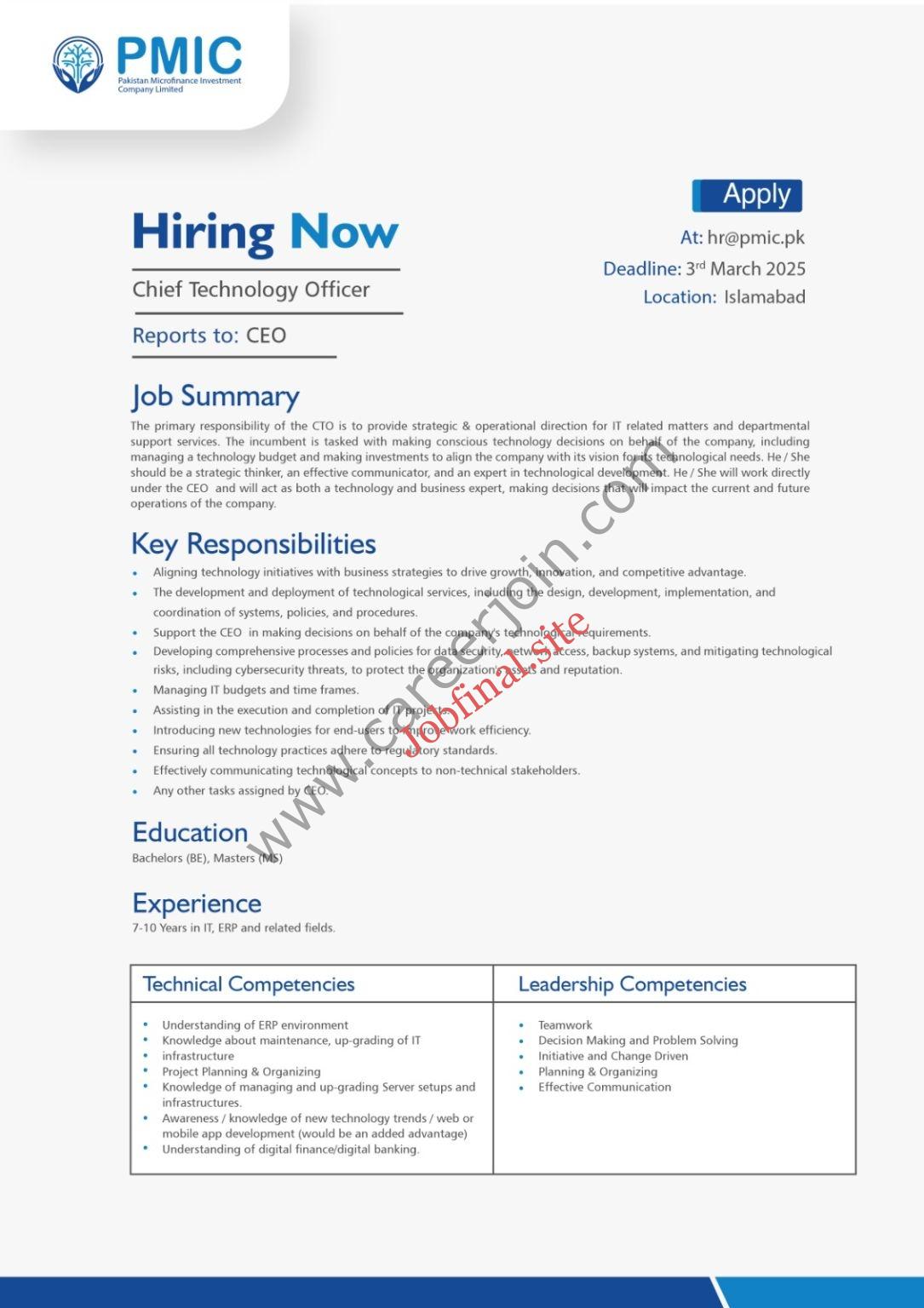 Pakistan Microfinance Investment Company PMIC Jobs Chief Technology Officer