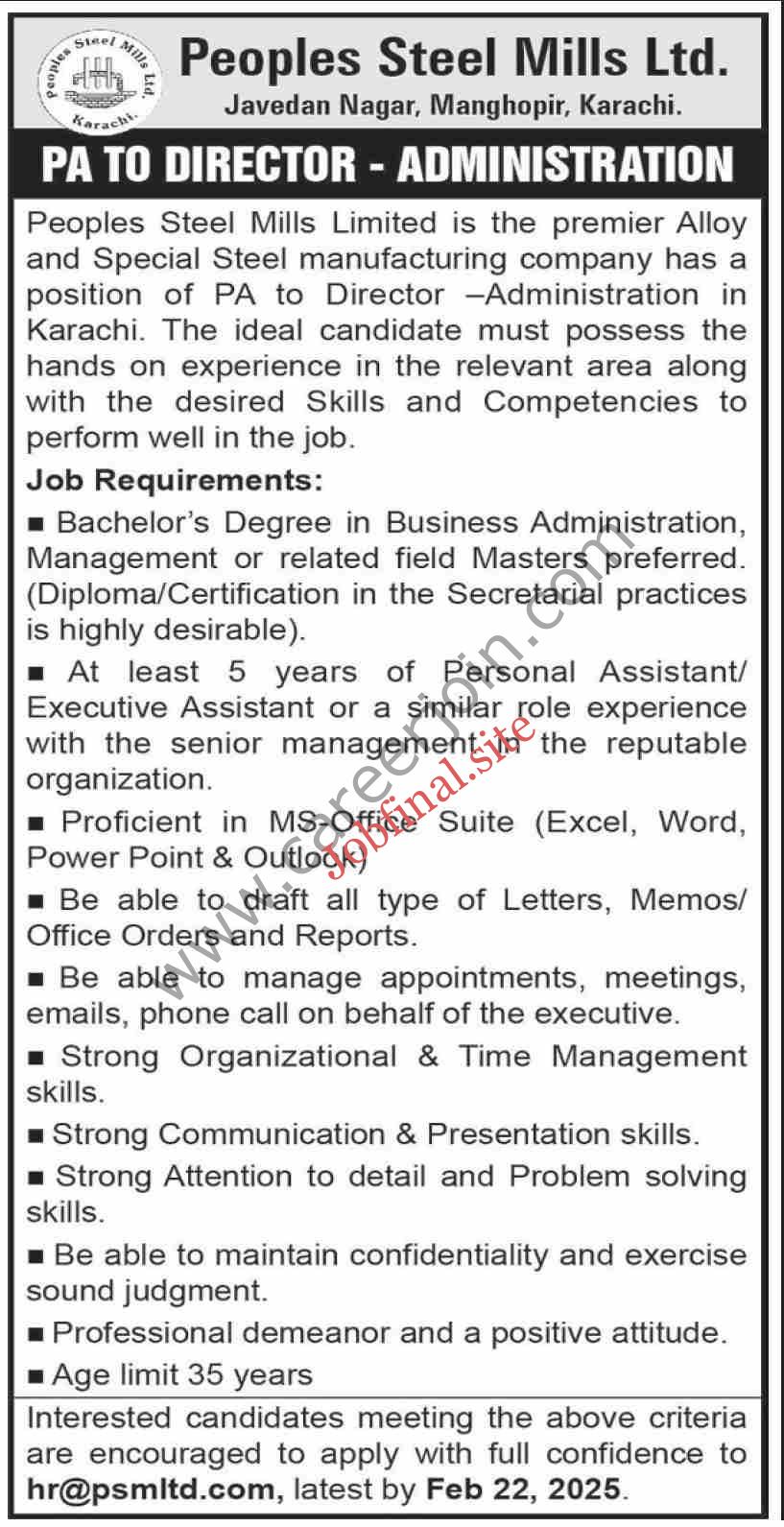 Peoples Steel Mills Ltd Jobs PA to Director