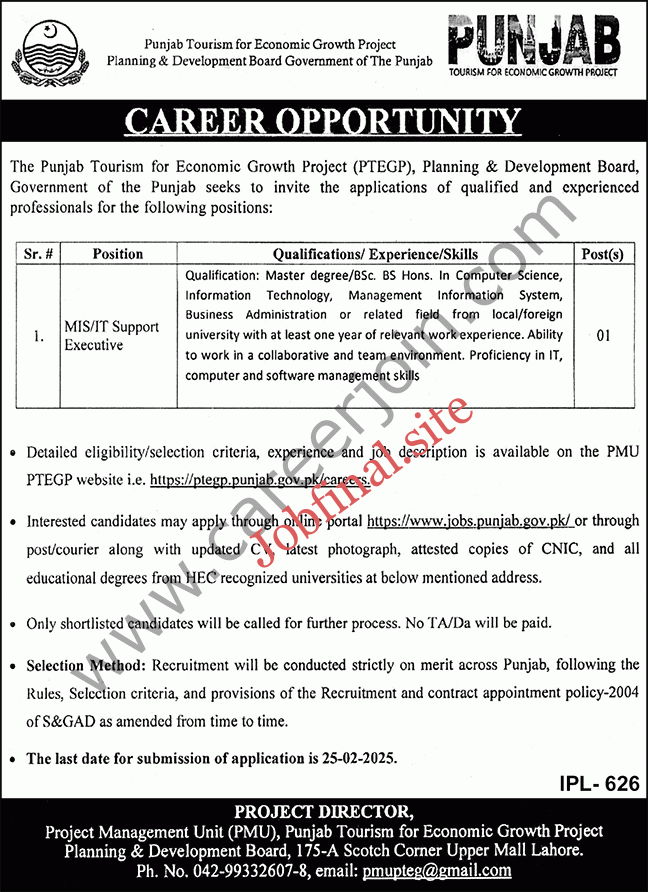 Planning & Development Board Punjab Jobs MIS/IT Support Executive