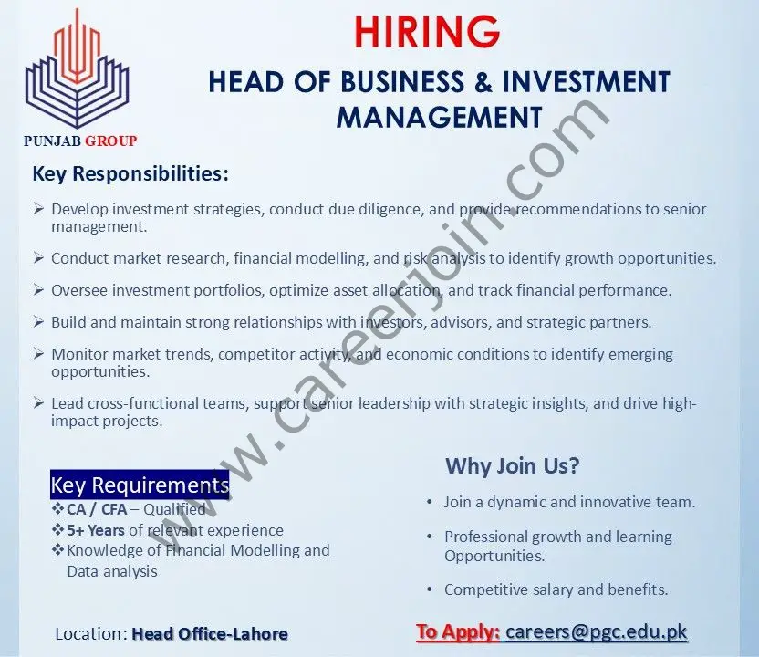 Punjab Group Jobs Head of Business & Investment Management