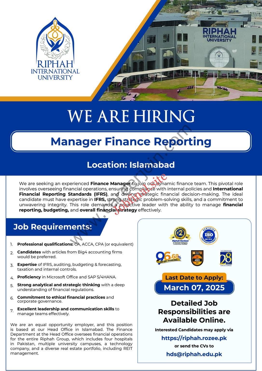 Riphah Group Jobs Manager Finance Reporting