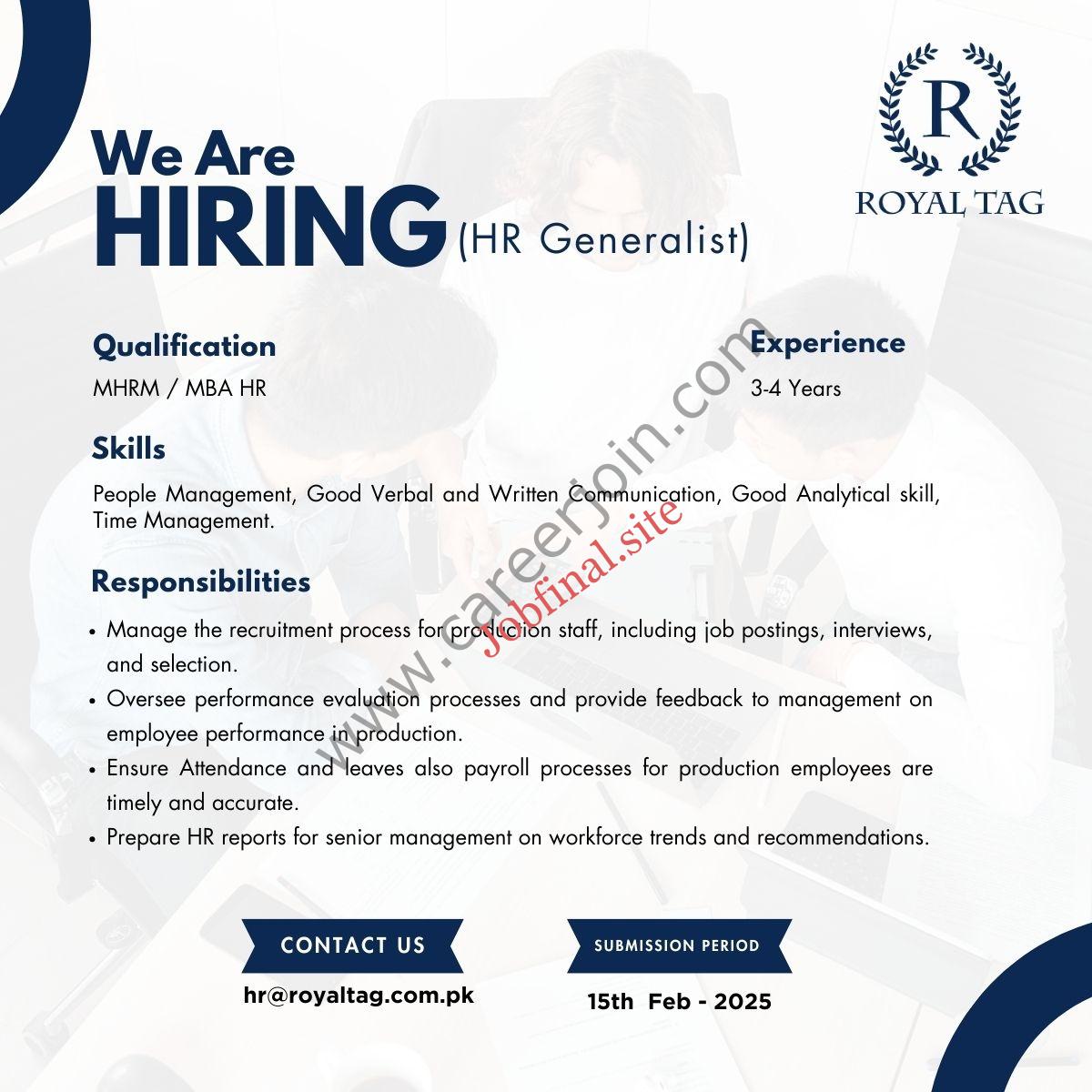 Royal Tag Jobs HR Generalist