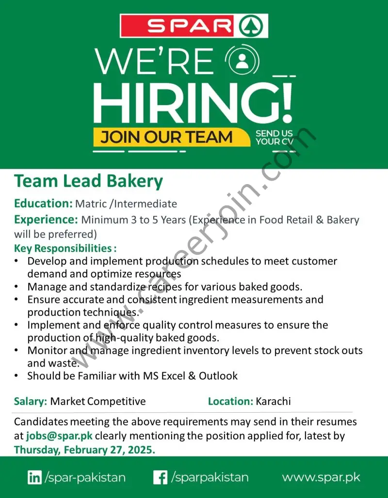 SPAR Pakistan Jobs Team Lead Bakery