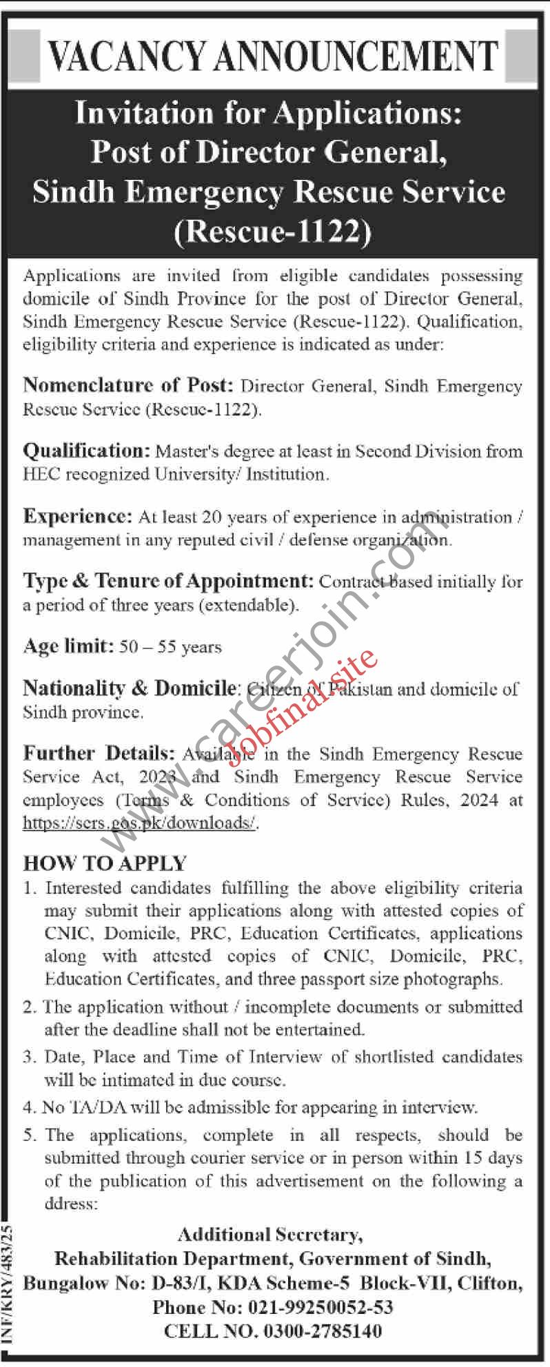 Sindh Emergency Rescue Service Jobs Director General