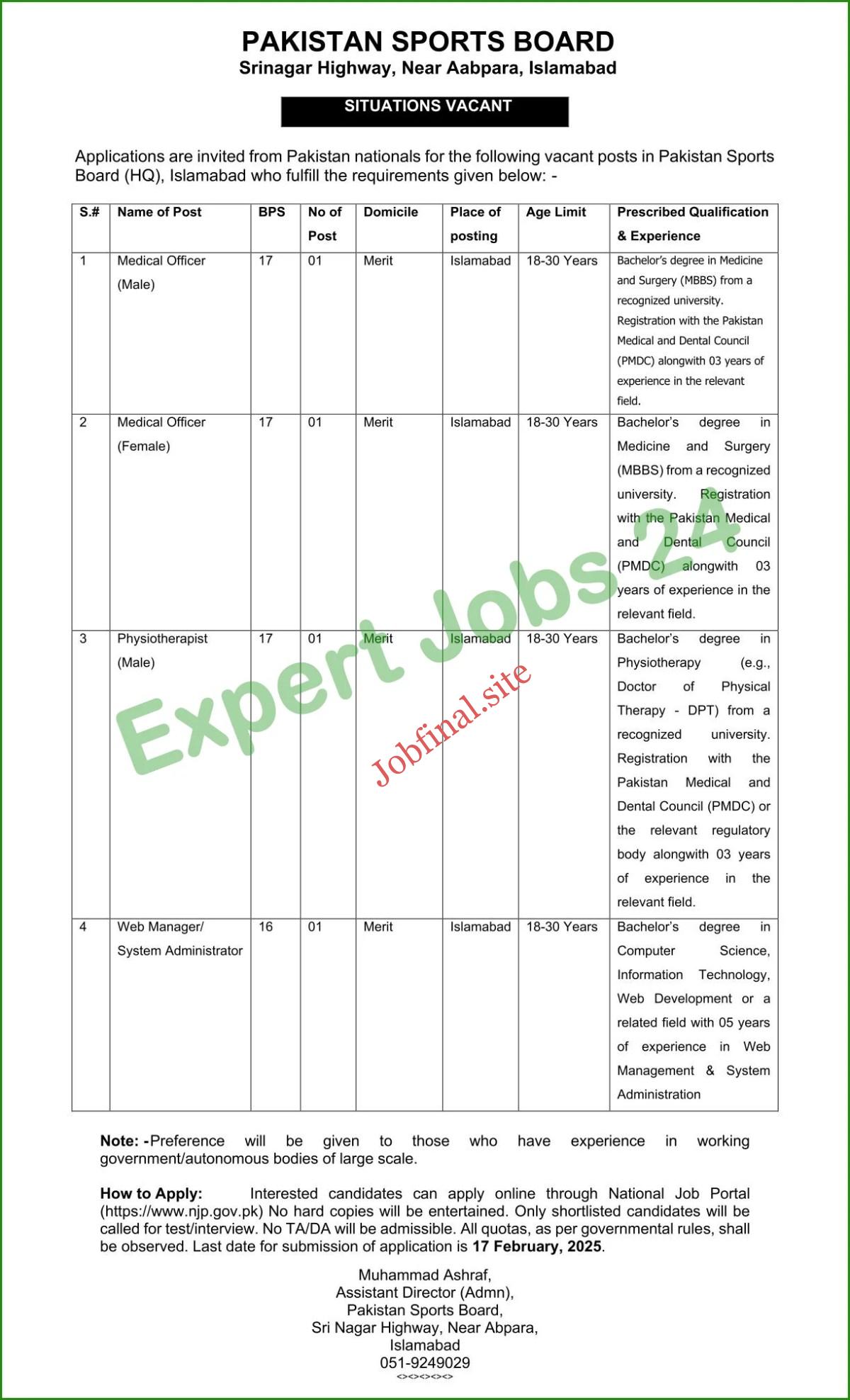 Pakistan Sports Board Latest Government Jobs