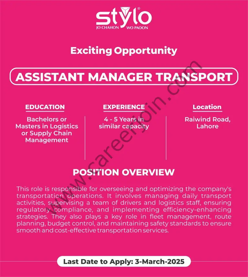 Stylo Pvt Ltd Jobs Assistant Manager Transport