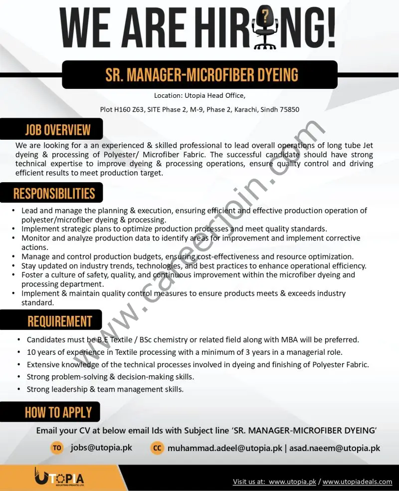 Utopia Industries Pvt Ltd Jobs Sr Manager Microfiber Dyeing