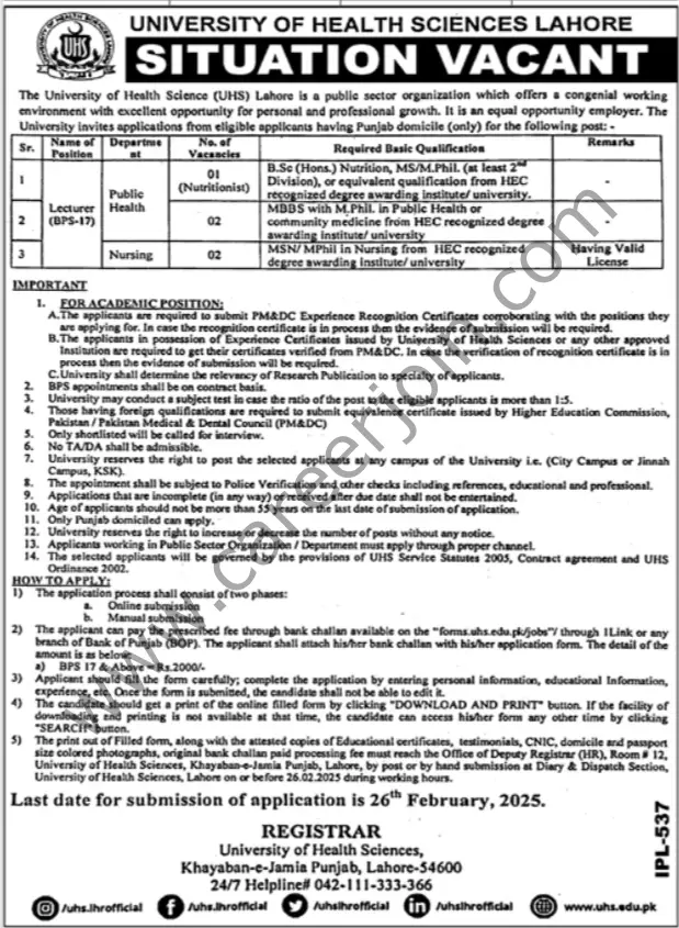 University Health Sciences Lahore UHS Jobs February 2025