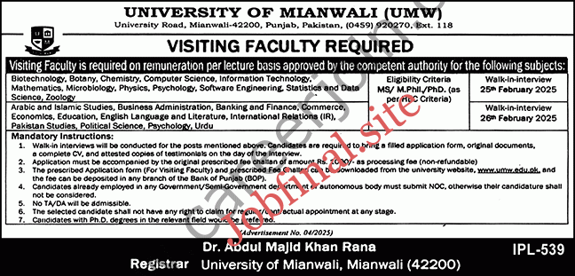 University of Mianwali UMW Jobs February 2025