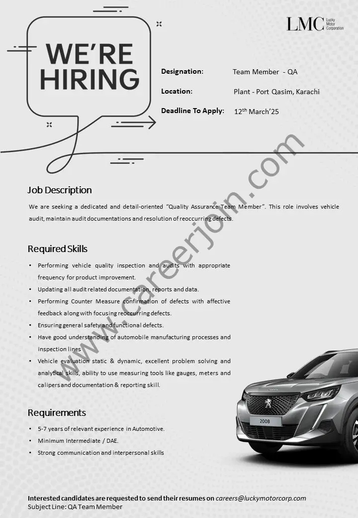 Lucky Motor Corporation LMC Jobs Team Member QA